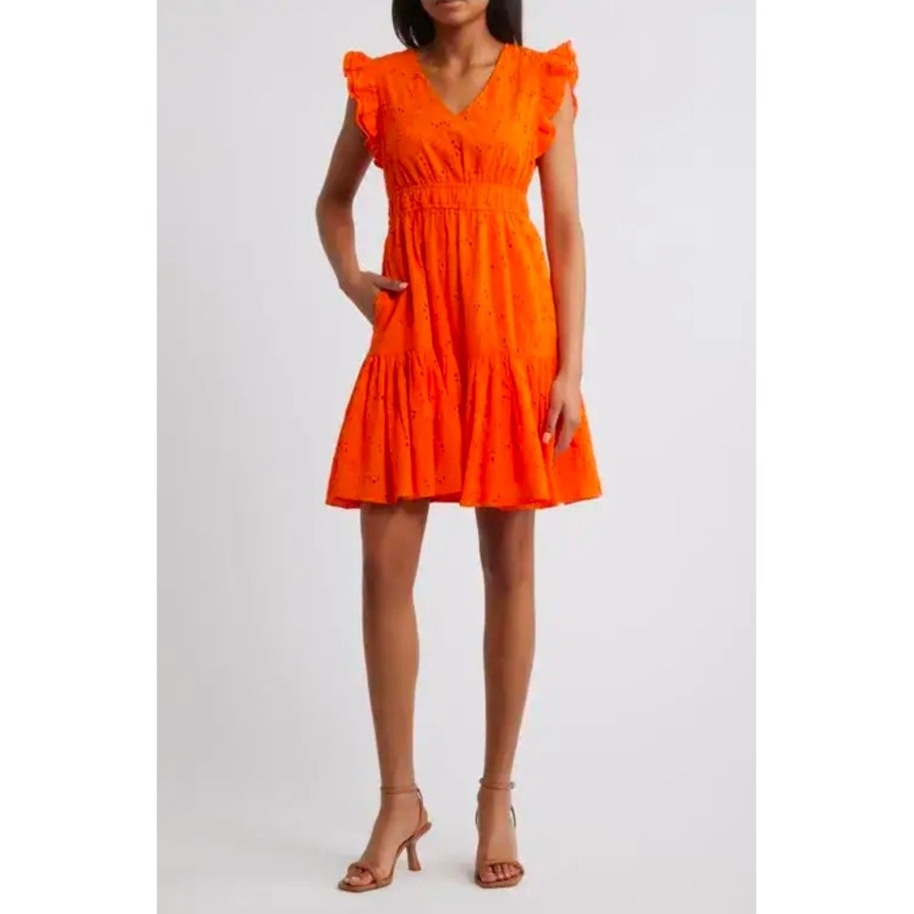 Anne Klein Women Bright Orange Eyelet Tiered Midi Dress Ruffle Sleeve Size Large